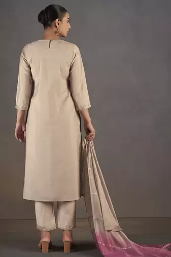Cream embroidered with sequined work roman silk straight kurta set with dupatta for women