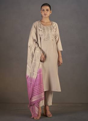 Cream embroidered with sequined work roman silk straight kurta set with dupatta for women 3