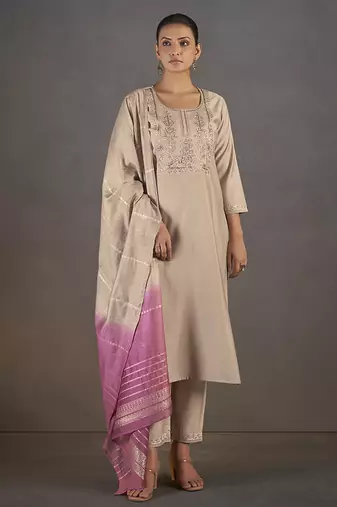 Cream embroidered with sequined work roman silk straight kurta set with dupatta for women