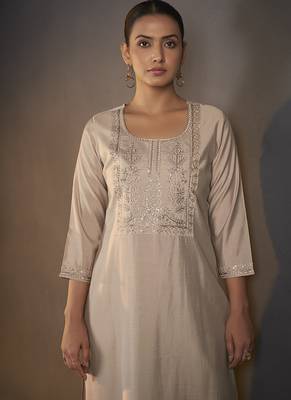 Cream embroidered with sequined work roman silk straight kurta set with dupatta for women 4