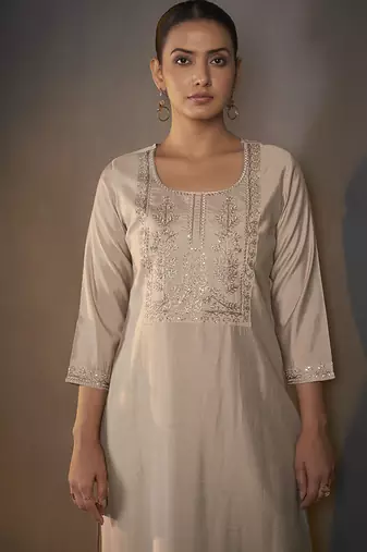 Cream embroidered with sequined work roman silk straight kurta set with dupatta for women
