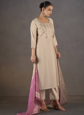 Cream embroidered with sequined work roman silk straight kurta set with dupatta for women 5