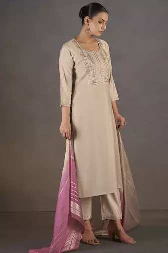 Cream embroidered with sequined work roman silk straight kurta set with dupatta for women