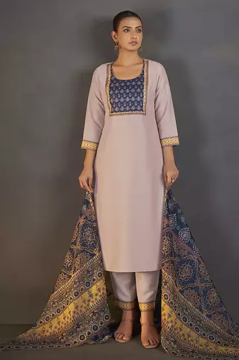 Cream printed chinnon straight kurta set for women