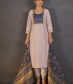 Cream printed chinnon straight kurta set for women