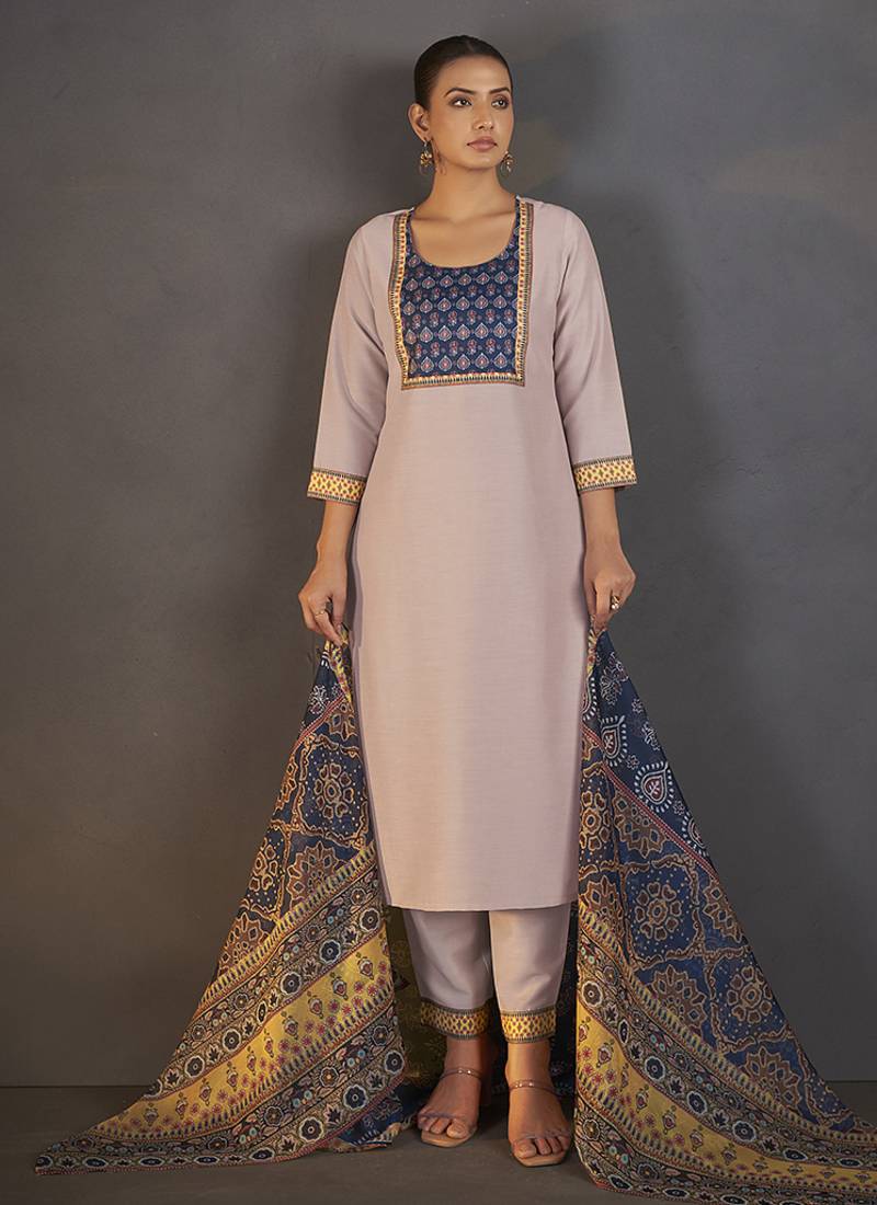 Cream printed chinnon straight kurta set for women