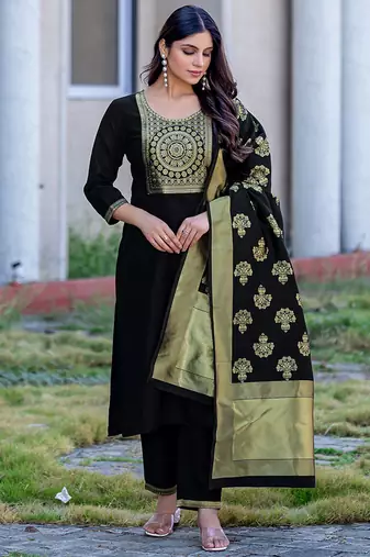 Black jacquard cotton blend jacquard straight kurta set with dupatta for women