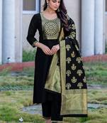 Black jacquard cotton blend jacquard straight kurta set with dupatta for women