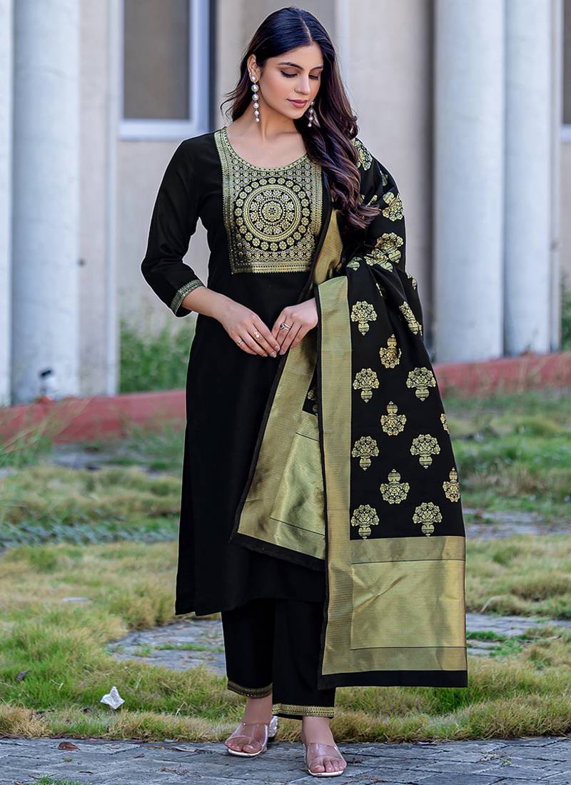 Black jacquard cotton blend jacquard straight kurta set with dupatta for women