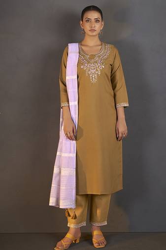 Mustard embroidered cotton blend straight kurta set for women