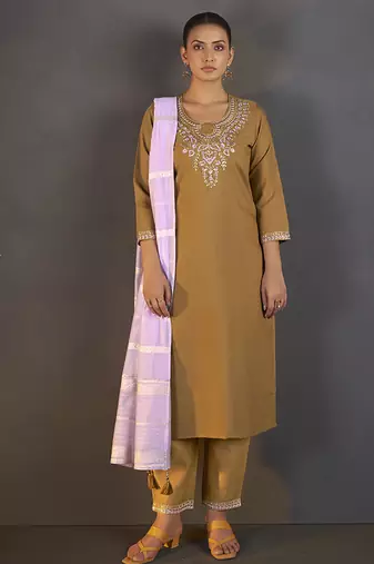 Mustard embroidered cotton blend straight kurta set for women
