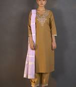 Mustard embroidered cotton blend straight kurta set for women