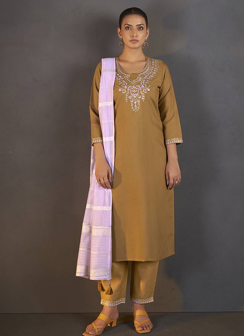 Mustard embroidered cotton blend straight kurta set for women