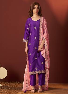 Purple embroidered chinnon straight kurta set with dupatta for women 1