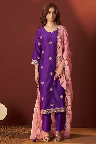 Purple embroidered chinnon straight kurta set with dupatta for women