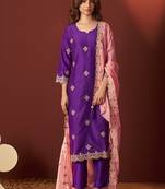 Purple embroidered chinnon straight kurta set with dupatta for women