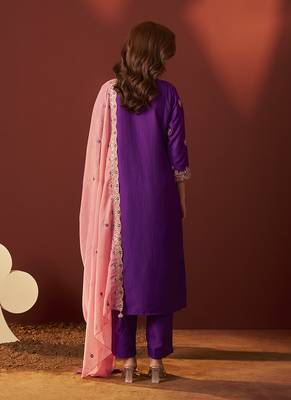 Purple embroidered chinnon straight kurta set with dupatta for women 2