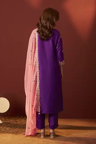 Purple embroidered chinnon straight kurta set with dupatta for women