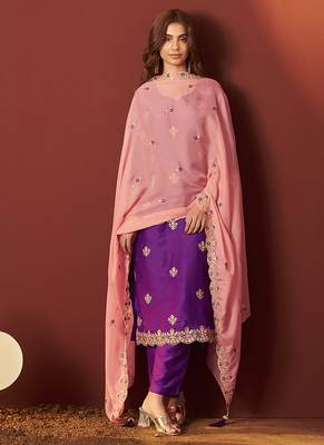 Purple embroidered chinnon straight kurta set with dupatta for women 3