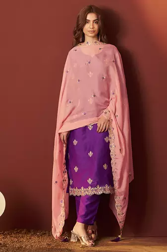 Purple embroidered chinnon straight kurta set with dupatta for women