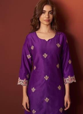Purple embroidered chinnon straight kurta set with dupatta for women 4
