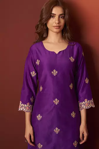 Purple embroidered chinnon straight kurta set with dupatta for women