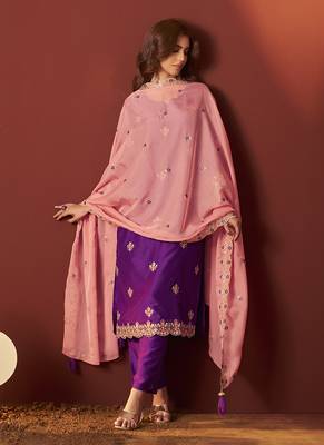 Purple embroidered chinnon straight kurta set with dupatta for women 5
