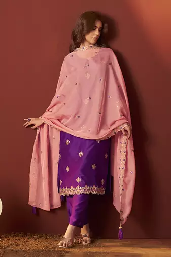 Purple embroidered chinnon straight kurta set with dupatta for women