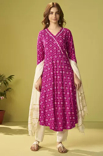 Pink printed viscose rayon anarkali kurta set with dupatta for women