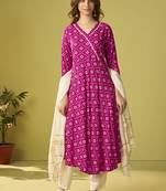 Pink printed viscose rayon anarkali kurta set with dupatta for women
