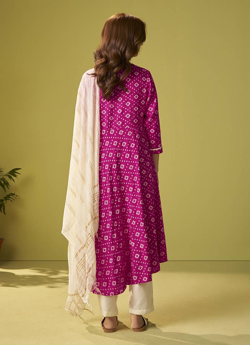 Pink printed viscose rayon anarkali kurta set with dupatta for women