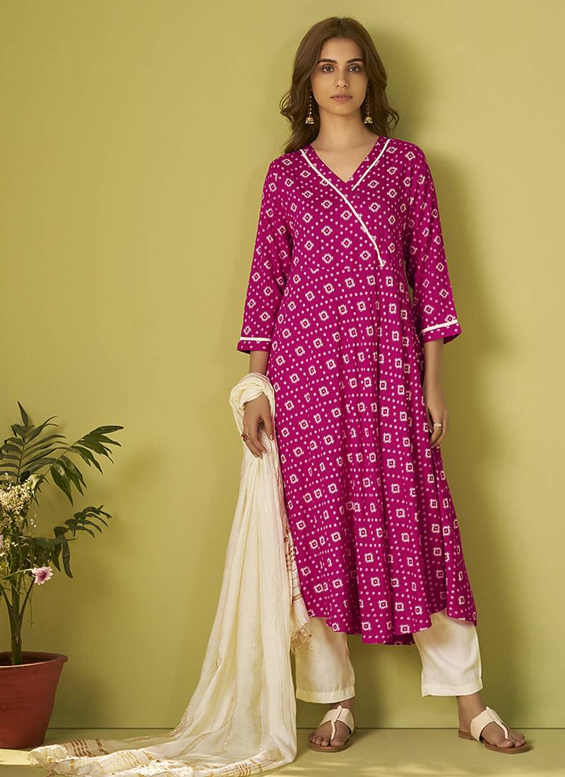 Pink printed viscose rayon anarkali kurta set with dupatta for women