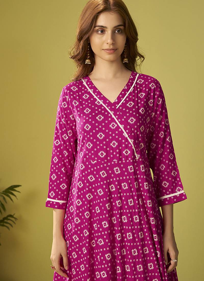 Pink printed viscose rayon anarkali kurta set with dupatta for women
