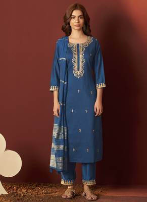 Rama blue embroidered chinnon straight kurta set with dupatta 1
