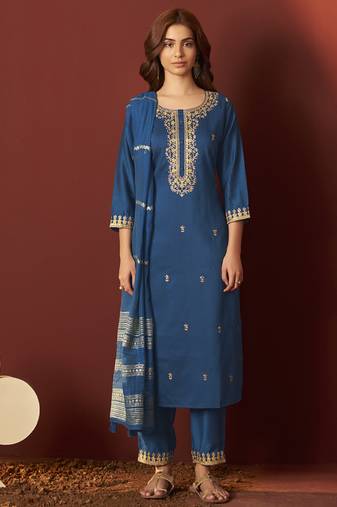 Rama blue embroidered chinnon straight kurta set with dupatta