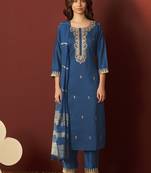 Rama blue embroidered chinnon straight kurta set with dupatta