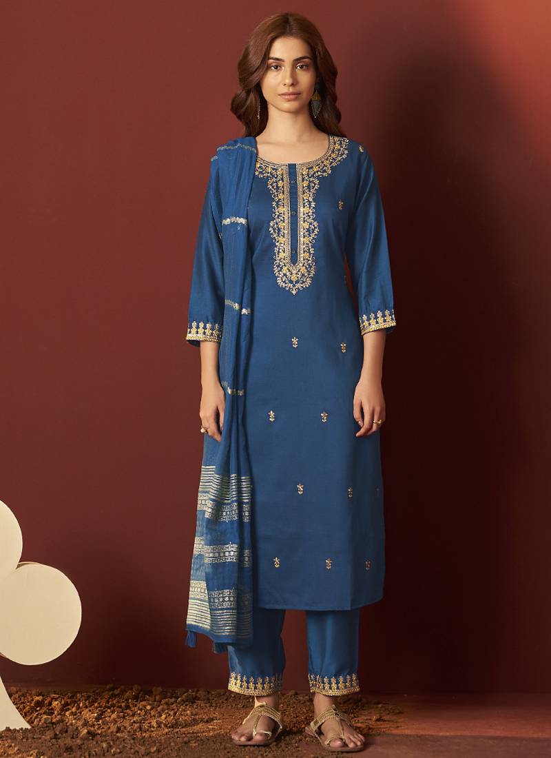 Rama blue embroidered chinnon straight kurta set with dupatta