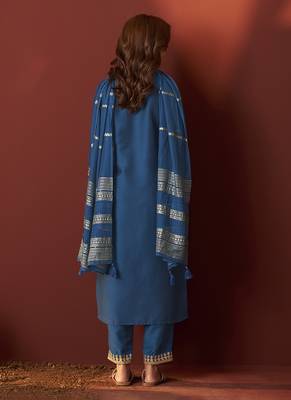 Rama blue embroidered chinnon straight kurta set with dupatta 2