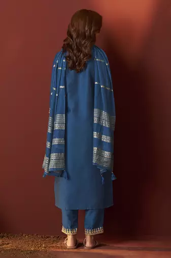 Rama blue embroidered chinnon straight kurta set with dupatta