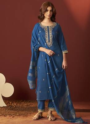 Rama blue embroidered chinnon straight kurta set with dupatta 3