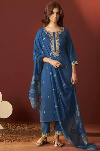 Rama blue embroidered chinnon straight kurta set with dupatta