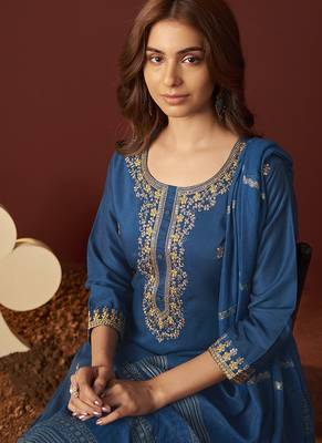 Rama blue embroidered chinnon straight kurta set with dupatta 4