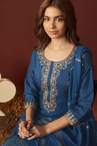 Rama blue embroidered chinnon straight kurta set with dupatta