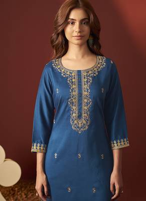 Rama blue embroidered chinnon straight kurta set with dupatta 5