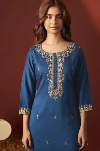 Rama blue embroidered chinnon straight kurta set with dupatta