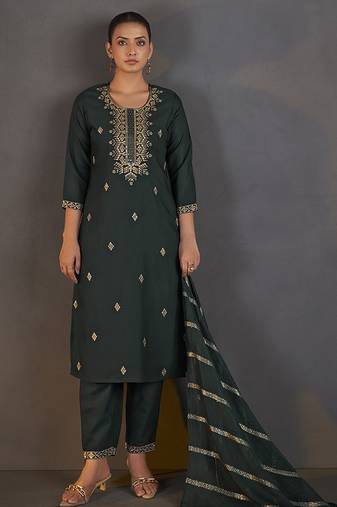 Dark green embroidered with sequined work cotton blend straight kurta set with dupatta for women