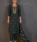 Dark green embroidered with sequined work cotton blend straight kurta set with dupatta for women