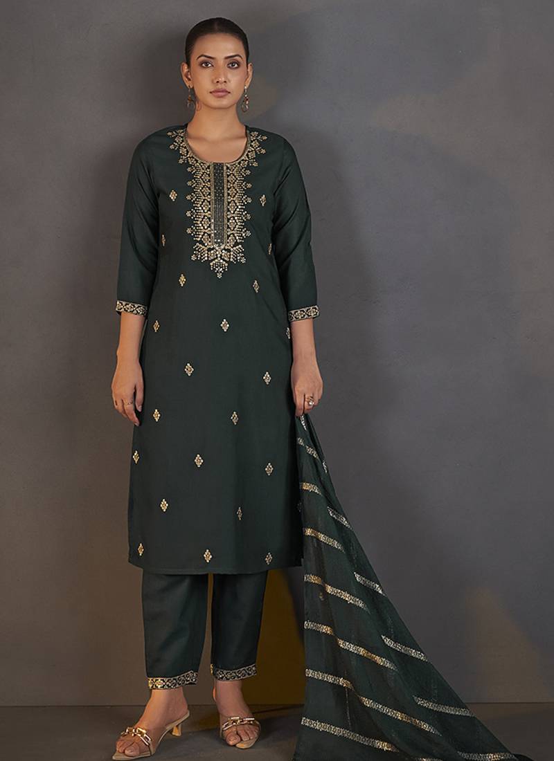 Dark green embroidered with sequined work cotton blend straight kurta set with dupatta for women