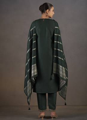 Dark green embroidered with sequined work cotton blend straight kurta set with dupatta for women 2