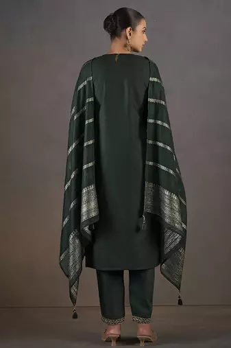Dark green embroidered with sequined work cotton blend straight kurta set with dupatta for women